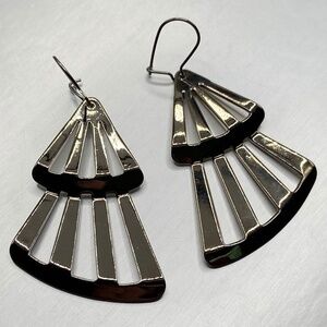 Earrings Silver Tone Metal Double Fan Design Drop Earrings